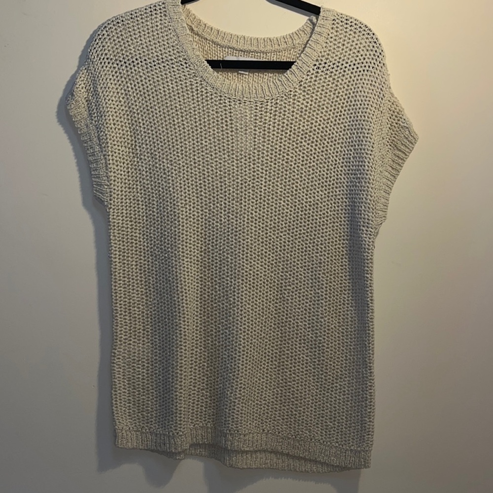 LOFT Cream Open-Knit Short Sleeve Crewneck Sweater